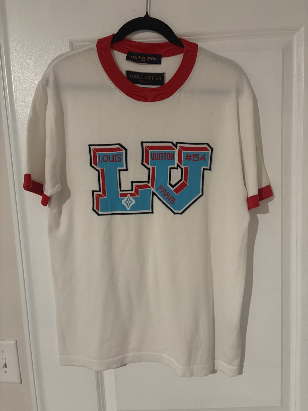 Louis Vuitton White Short Sleeve Tee with Red Trim and Blue LV Graphic